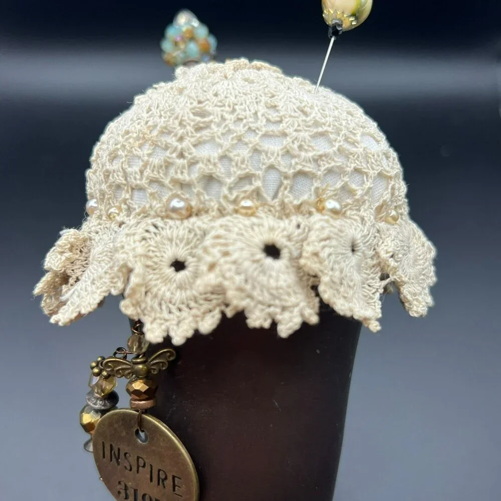 Vintage Copper Goblet Upcycled‎ to Pin Cushion vintage Doily Beads